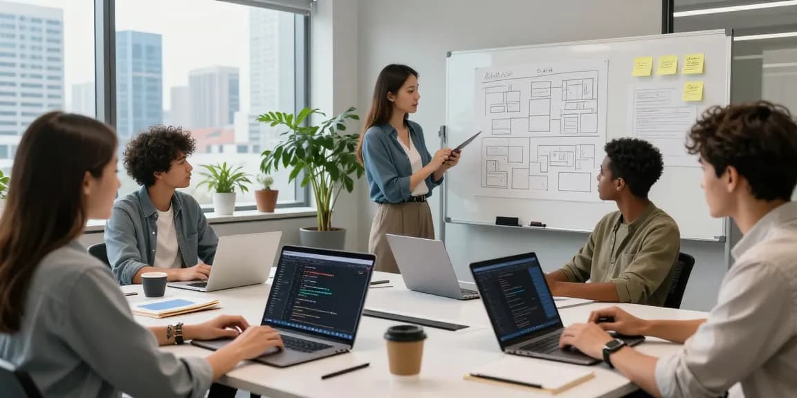Team collaborating to build internal tools with AI in a modern office environment.