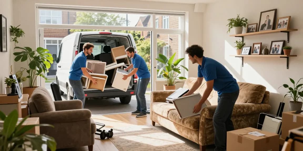 House clearance London team efficiently removing furniture and appliances from a sunny living room, creating a clutter-free space.