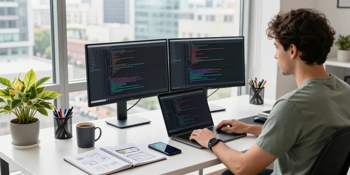 Developer's workspace illustrating WhatsApp下載 with dual monitors displaying code and a vibrant plant.