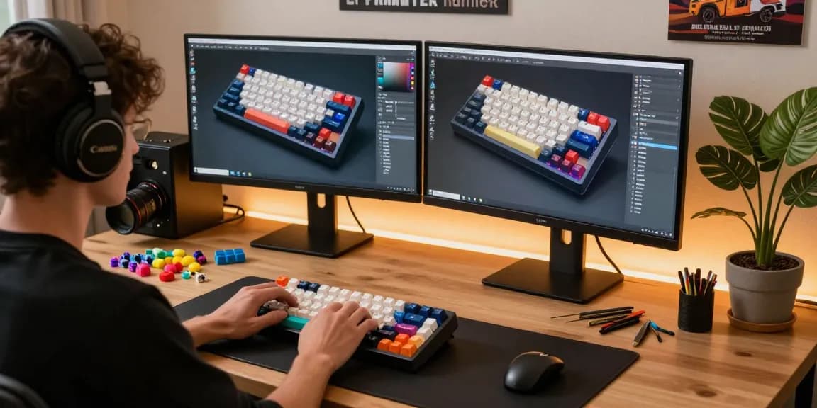 Person using a 68 Keyboard in a stylish home office with colorful keycaps and monitors.