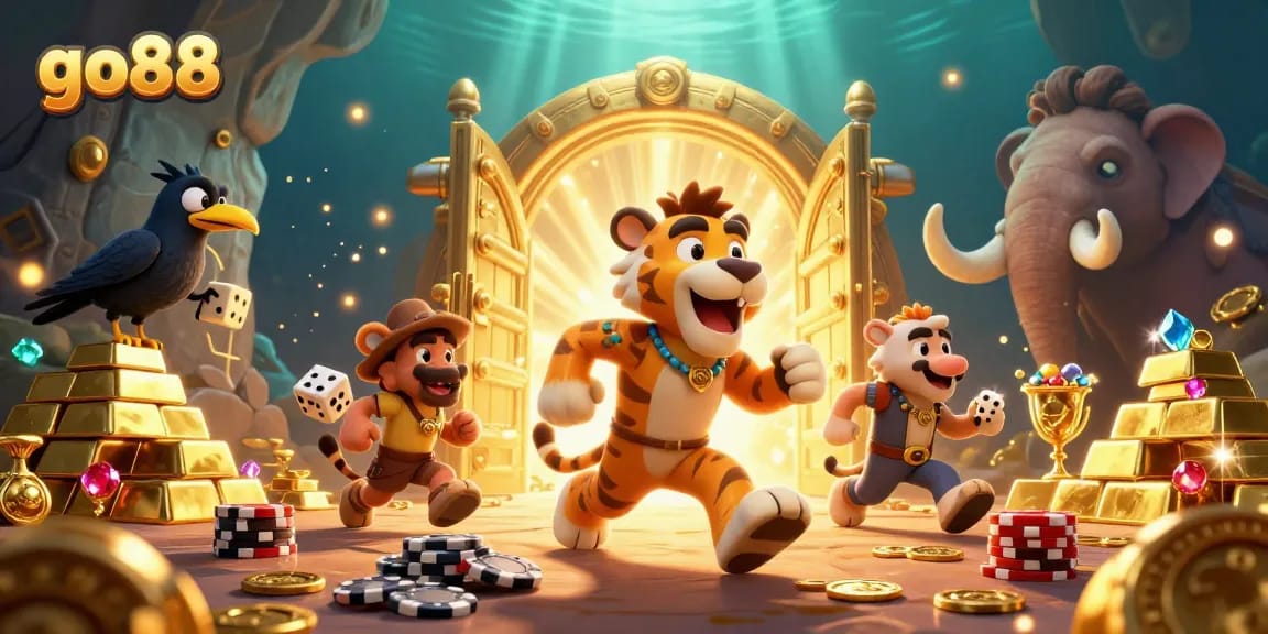 Engage with go88's thrilling prehistoric casino, featuring vibrant characters and dazzling treasures.