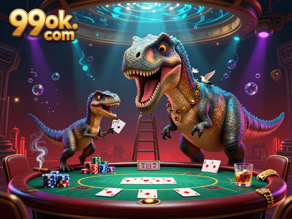 Play poker with 99ok. com while a brontosaurus watches, vibrant casino scene.