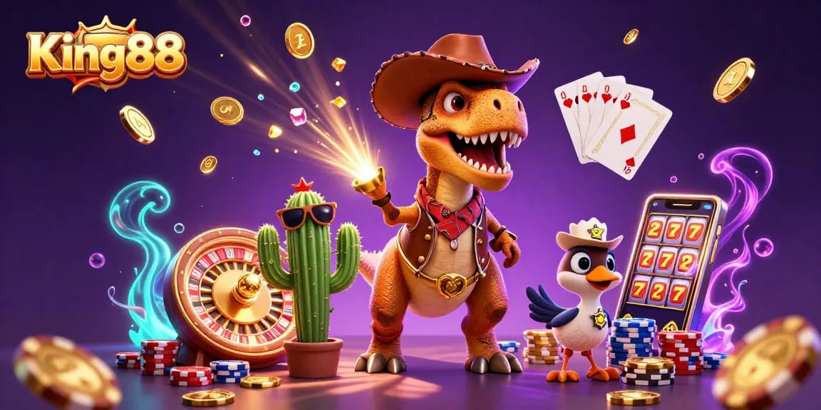 King88 offers thrilling gaming with a vibrant 3D scene of a T-Rex cowboy amidst casino excitement.