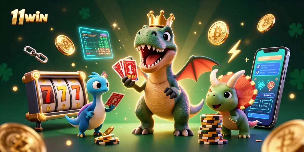 Engaging 11WIN casino scene showcasing a T-Rex and friends in a dynamic gambling environment.