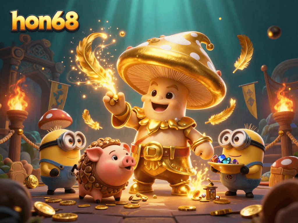 Experience the magic of hon68 with a wizard, truffle pig, and minions discovering treasures in an enchanting casino.