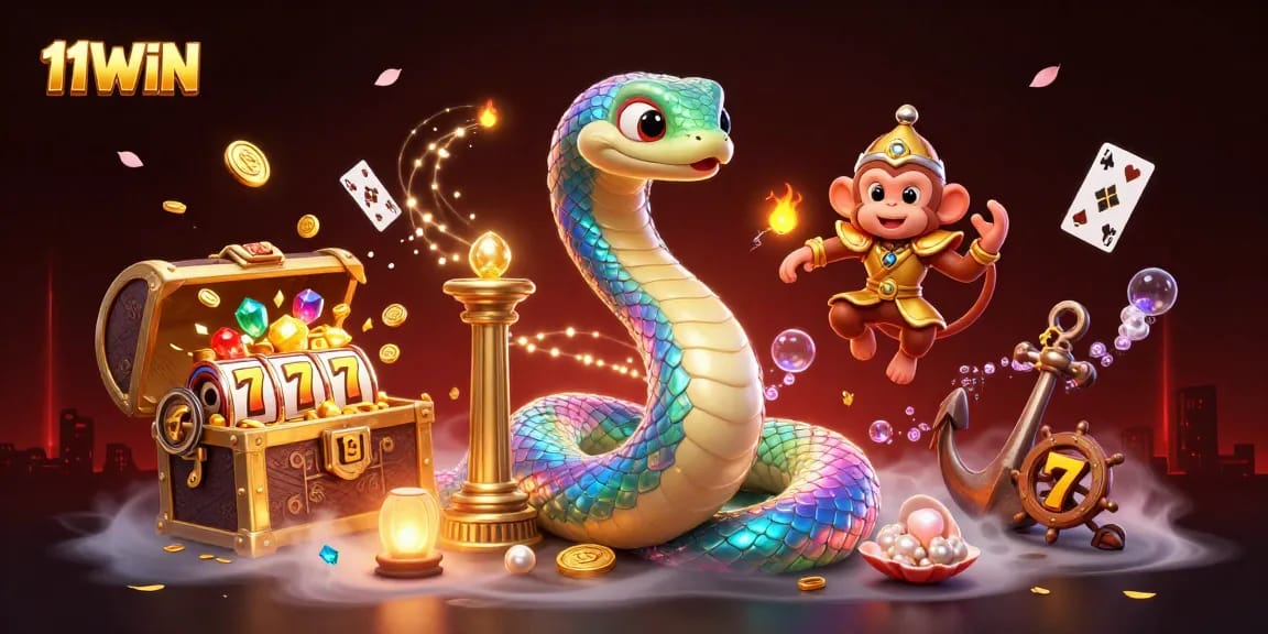 Play games at 11WIN, featuring vibrant characters in a 3D casino scene with rich elements.