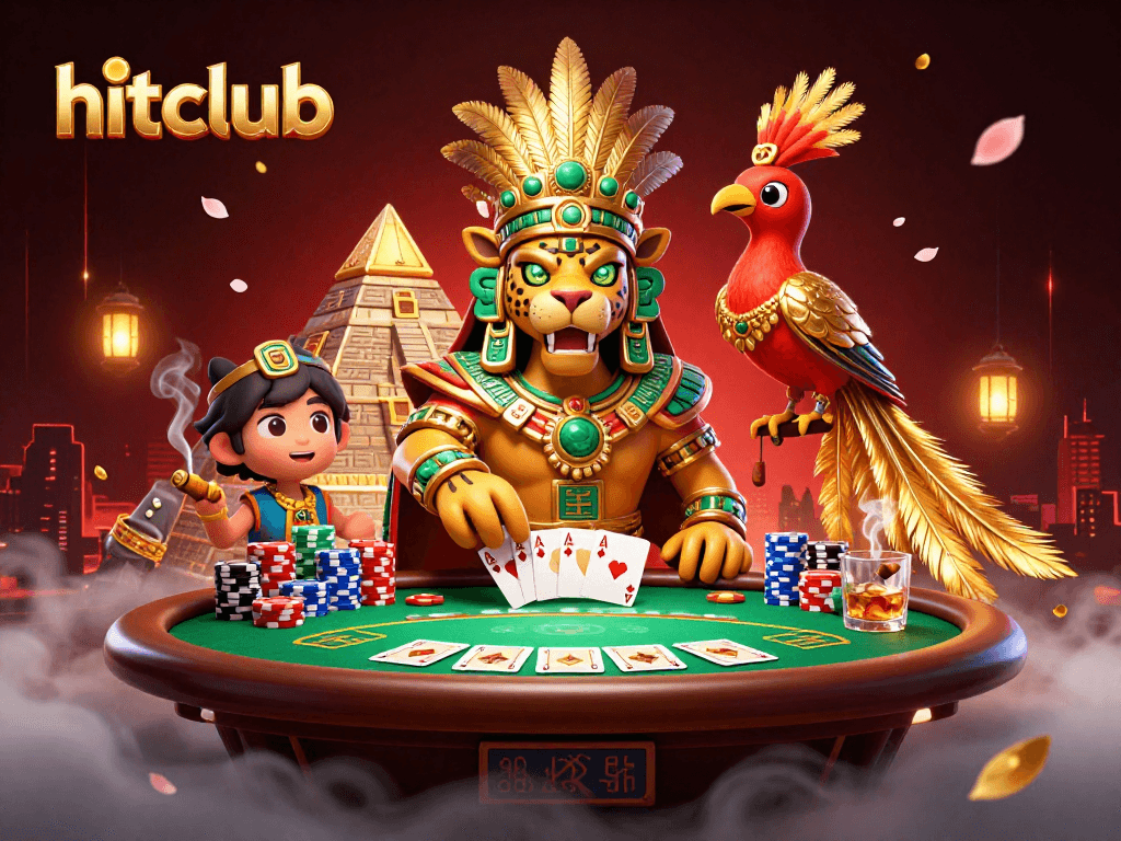 Experience thrilling action at hitclub with a captivating scene featuring a Mayan jaguar priest and poker elements.