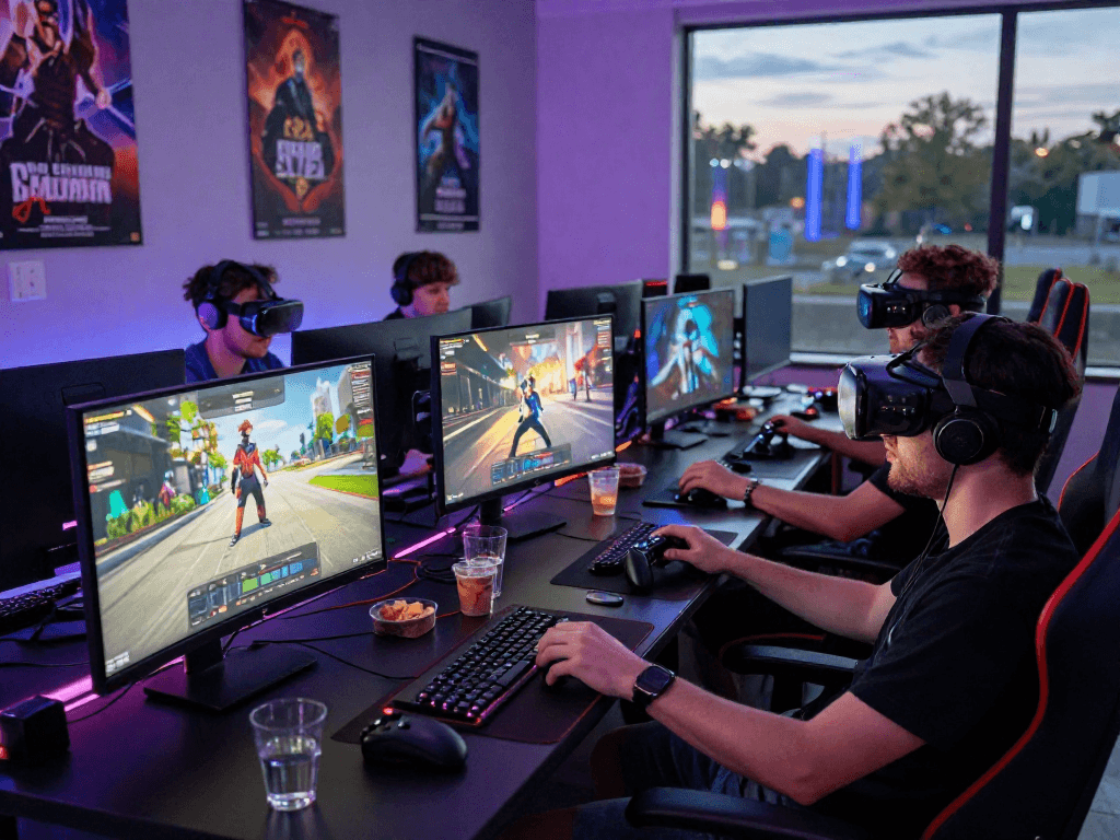 Exciting group playing sex games in a modern gaming setup with ambient lighting