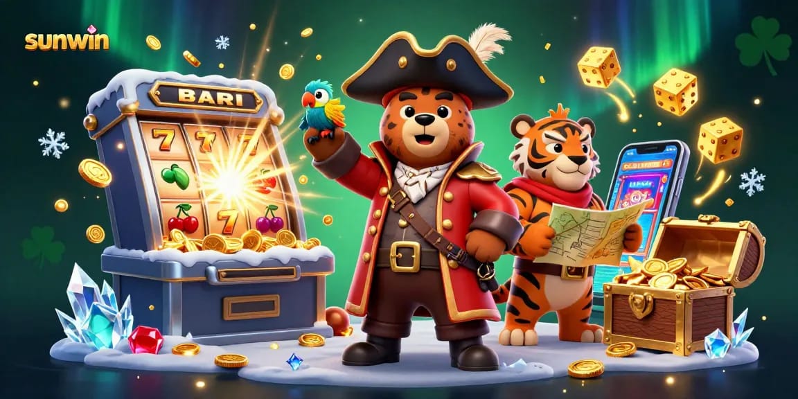 Experience the thrill of sunwin slots with a lively 3D cartoon pirate scene filled with jackpots.