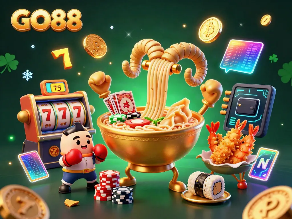 Win big with GO88 in a vibrant, dynamic casino illustration featuring unique characters and elements.