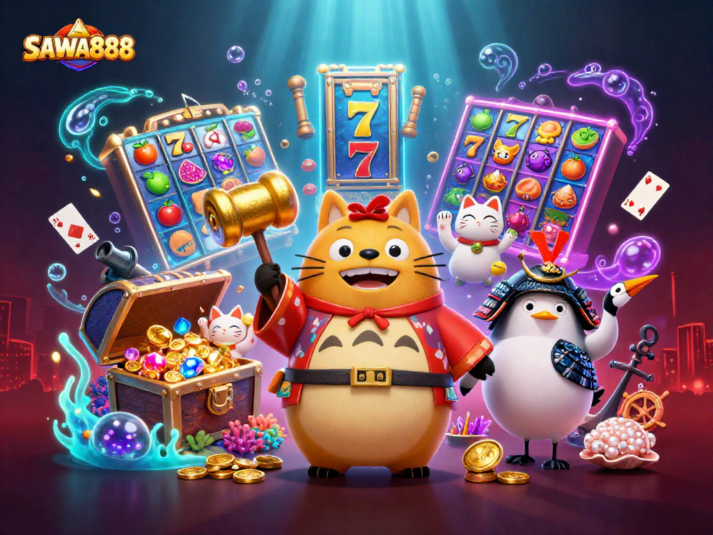 Experience the excitement with SAWA888's colorful slots and lucky characters in a vibrant casino setting.