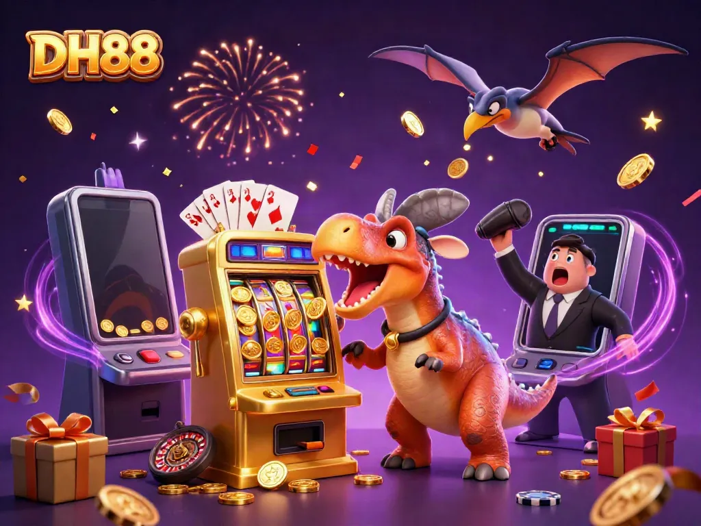 Dynamically illustrating DH88 with a dinosaur winning big at a slot machine surrounded by casino elements.