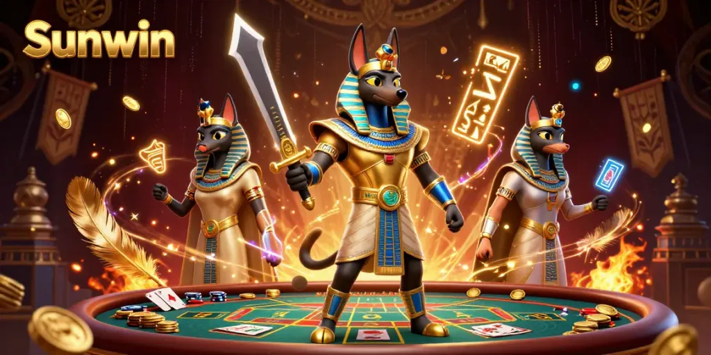 Experience the thrill of Sunwin, where a legendary warrior battles amidst a vibrant casino backdrop.