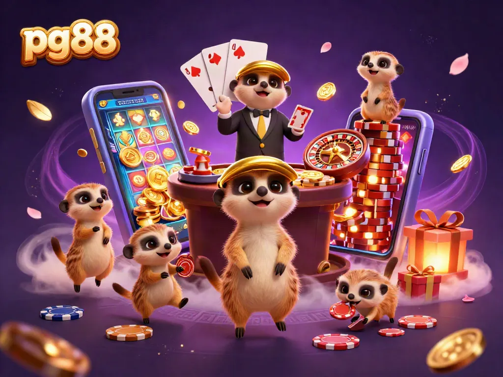 Experience vibrant gaming at pg88 with meerkats managing a lively casino operation.