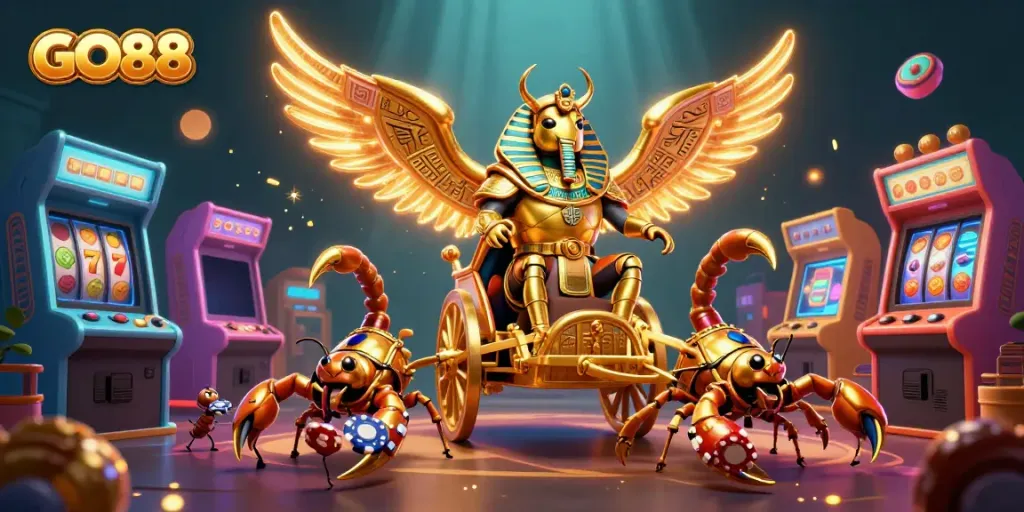Engage in thrilling gameplay with GO88’s vibrant casino scene featuring a golden scarab and rich game elements.