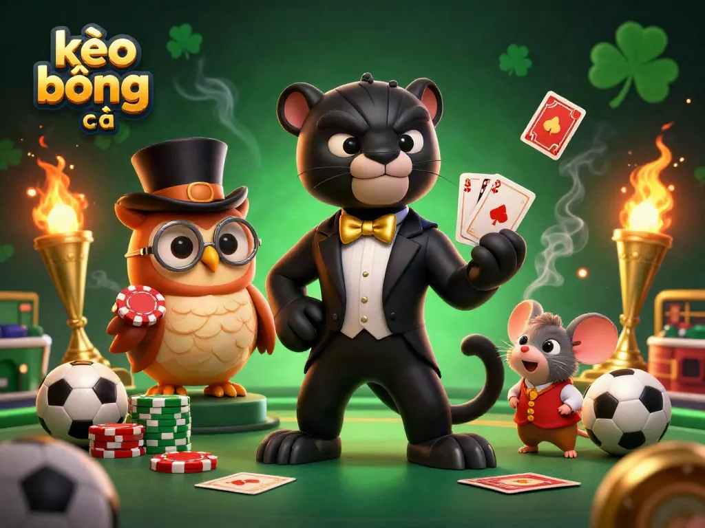 Engaging scene depicting kèo bóng đá with a stylish panther dealing cards, an owl with poker chips, and a mouse among sports betting elements.