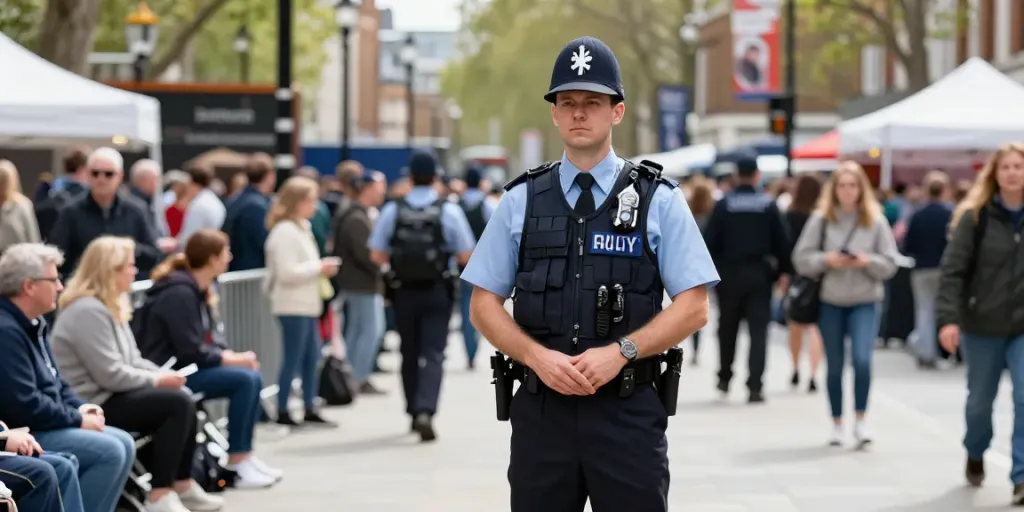Security guard watching over a community event in London, exemplifying trusted local services.