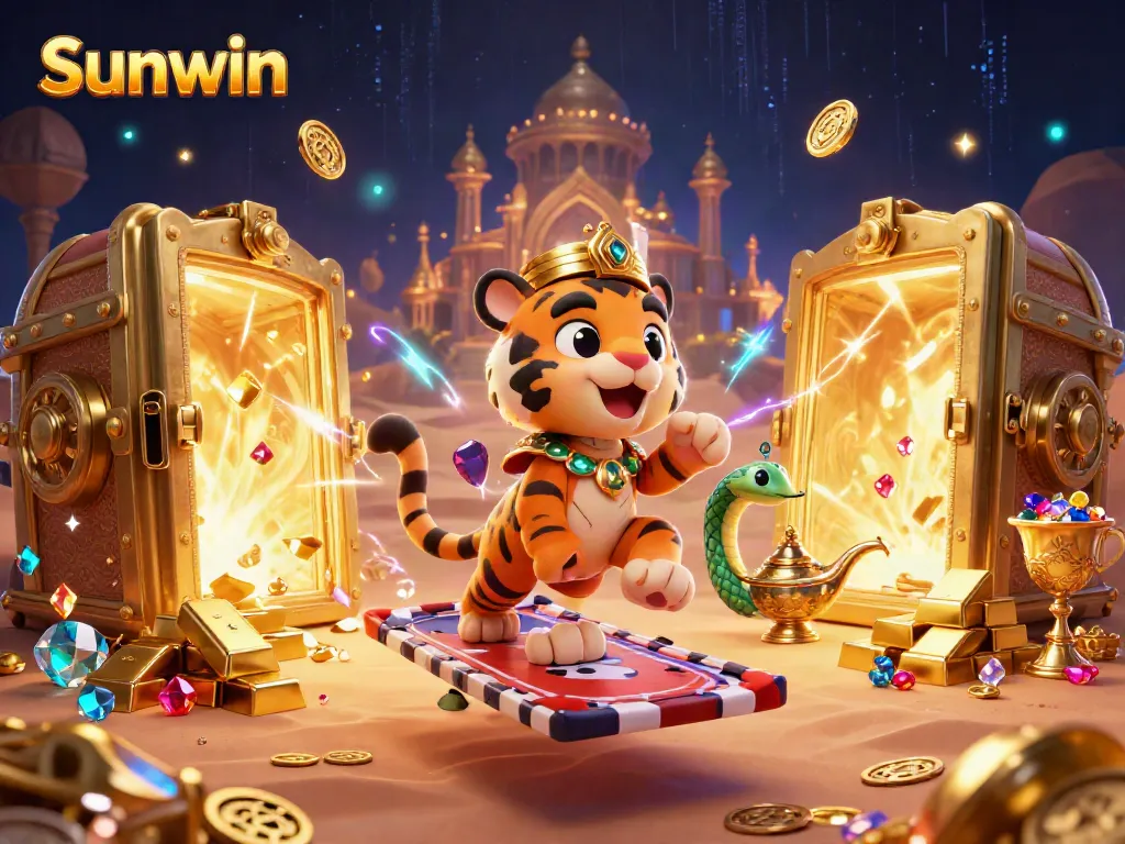 Experience Sunwin's thrilling online casino action with a magical Arabian Nights-themed scene filled with treasures.