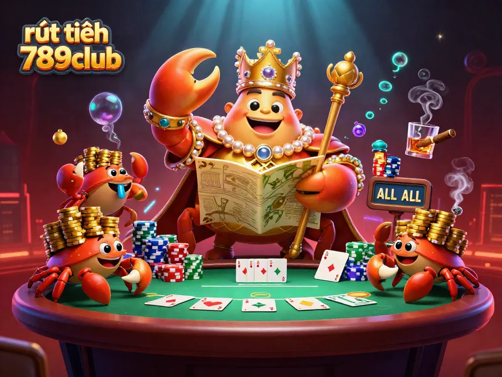 Engage in the fast-paced world of rút tiền 789club with a vibrant 3D illustration of a golden crab emperor.