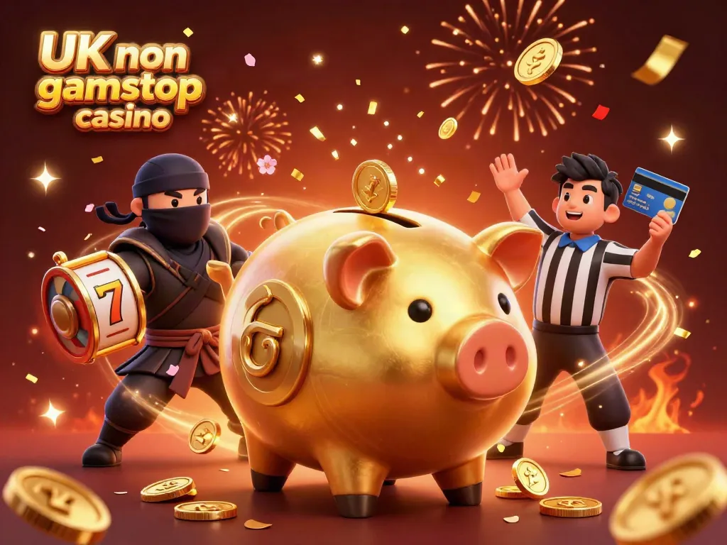Win big with the UK non gamstop casino featuring a golden piggy bank sumo wrestler amidst vibrant gambling elements.