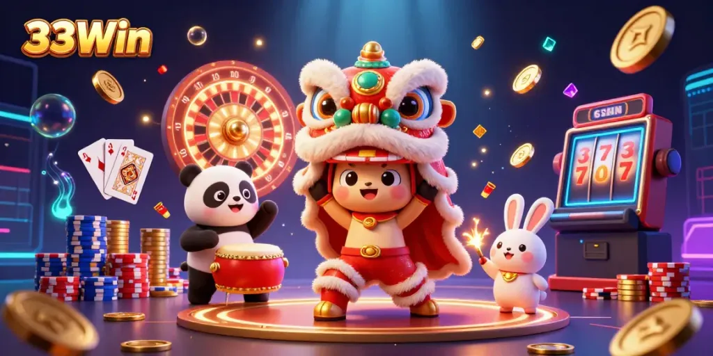 Experience the thrill of winning at 33Win with vibrant casino elements and lively characters!