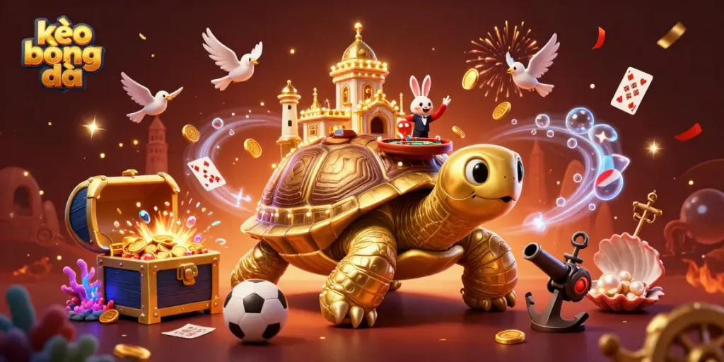 Experience thrilling kèo bóng đá action with a vibrant 3D casino scene featuring a golden tortoise and rabbit dealer.