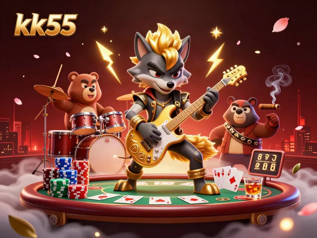 Experience thrilling action on the kk55 gaming stage with a dynamic rockstar wolf and drummer bear amidst vibrant poker and casino elements.