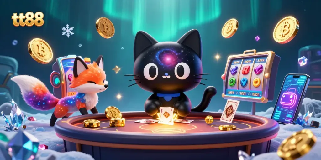 Engage in dynamic gaming at tt88 with a colorful cosmic casino table filled with rich elements.