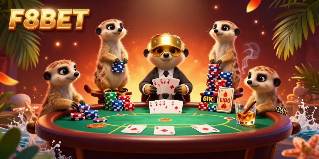 Experience the excitement of F8BET with animated meerkats managing a vibrant casino scene.