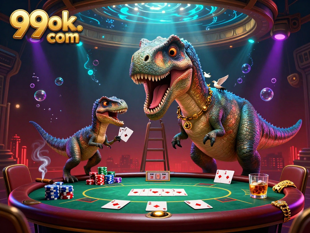 Play poker with 99ok. com while a brontosaurus watches, vibrant casino scene.