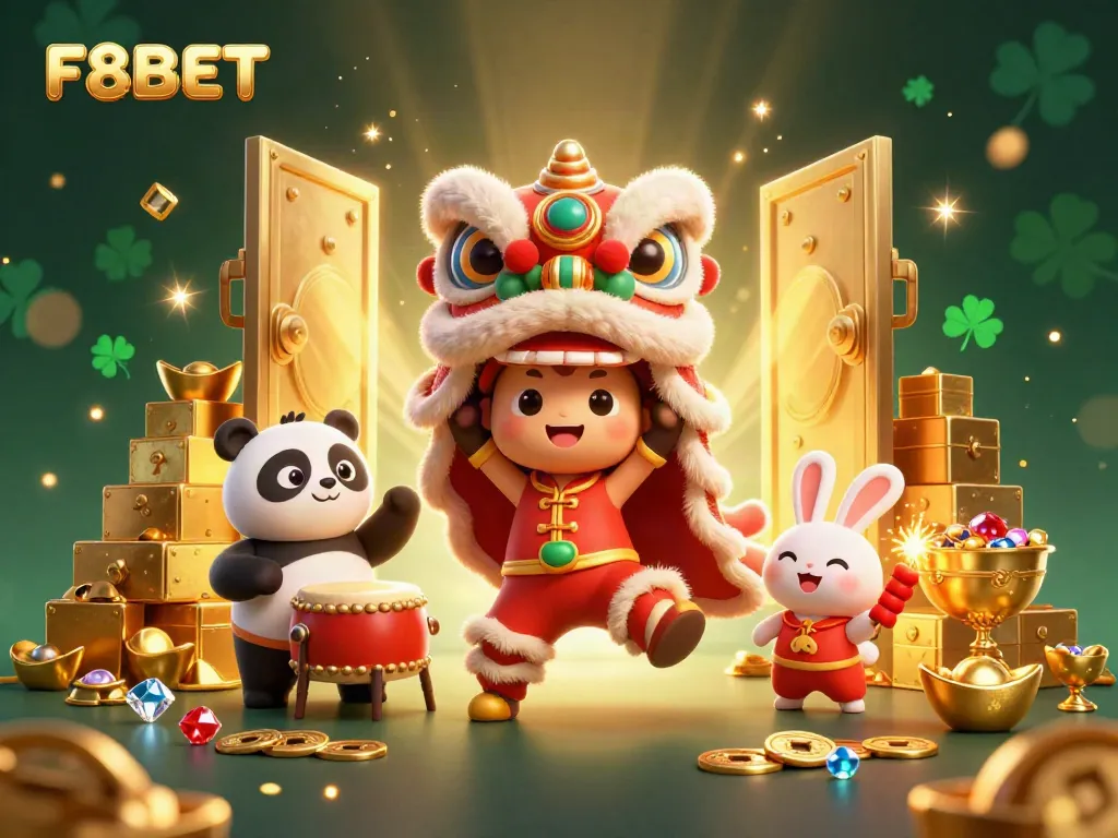 Experience the thrill at F8BET with a vibrant 3D illustration of a festive casino atmosphere filled with treasures.
