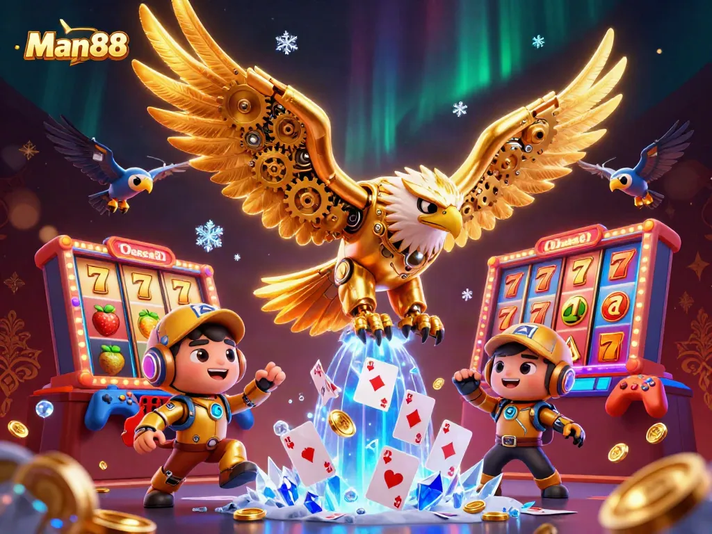 Experience thrilling moments with Man88 as the cybernetic eagle dives through holographic cards in an exciting online casino.