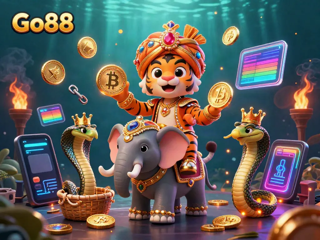 Experience the thrill of Go88 with a vibrant 3D casino scene featuring mystical creatures and glowing digital elements.