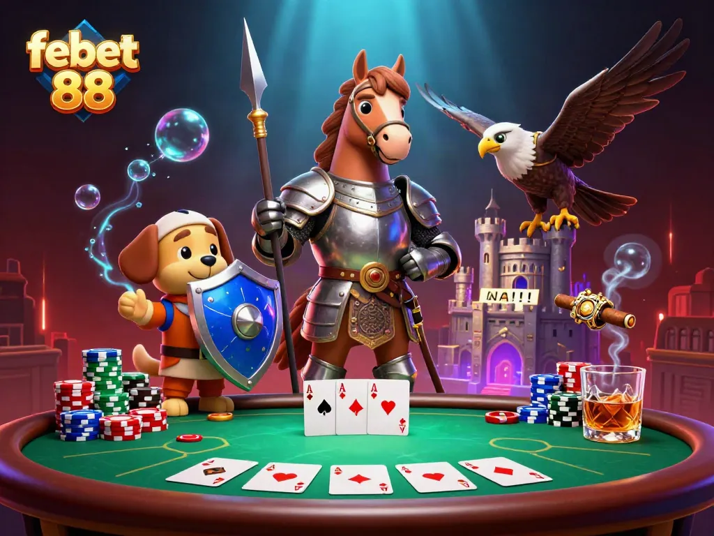 Engage in thrilling actions at febet 88 with poker characters and casino elements in a vibrant setting.