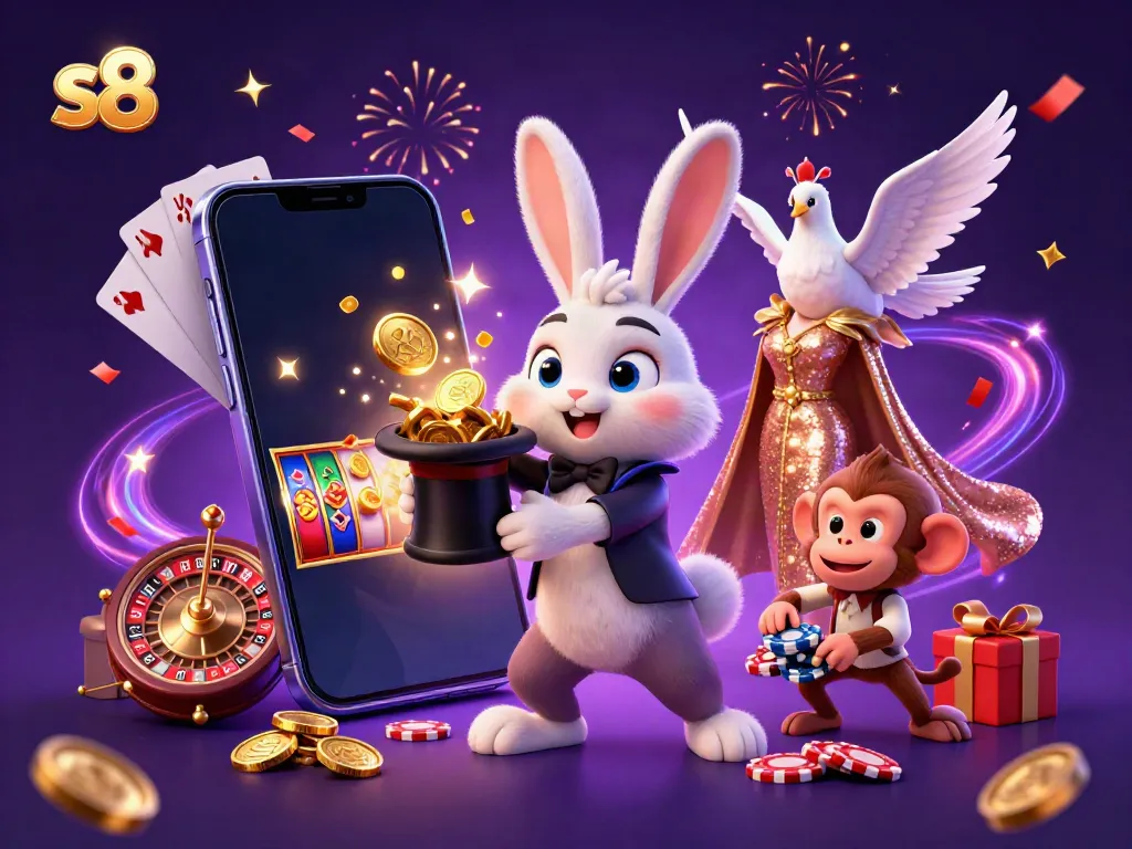 Engage with the vibrant S8 casino scene showcasing a magician rabbit with golden coins and a smartphone with spinning slots.