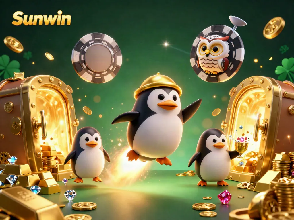 Experience Sunwin's exciting adventure with a golden penguin in a dynamic casino space scene.