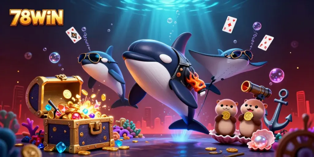 Experience vibrant casino action with 78WIN as cartoon characters jump into an underwater gold treasure.