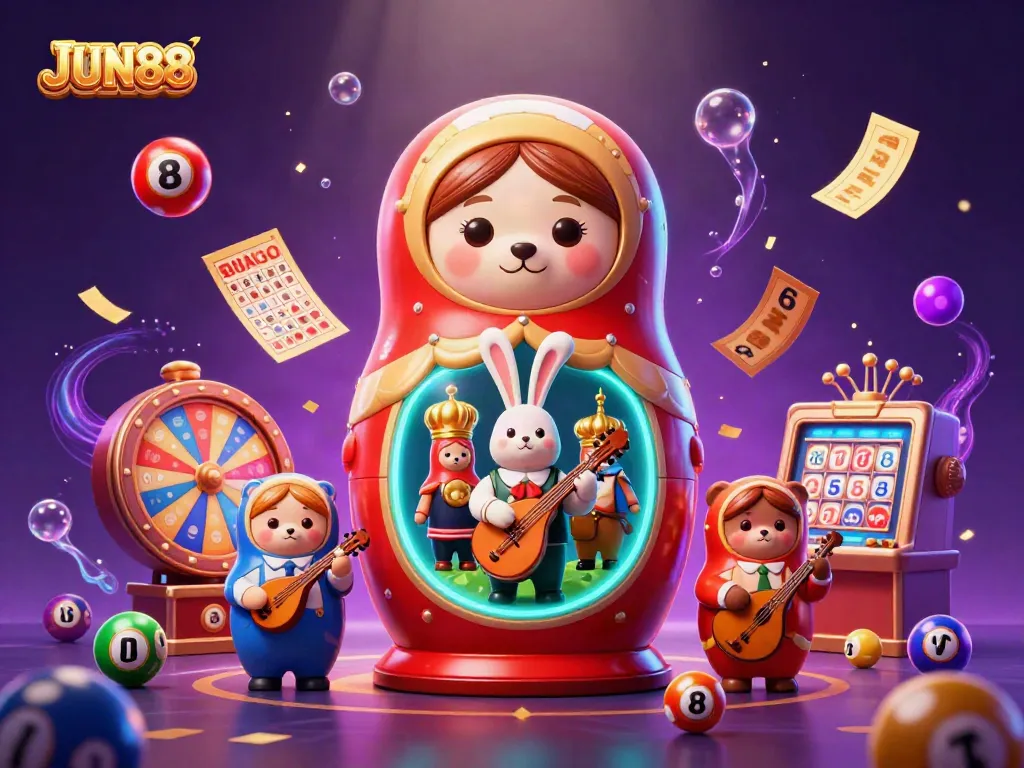 Experience the vibrant casino atmosphere of JUN88 featuring a nesting doll bear and energetic game elements.