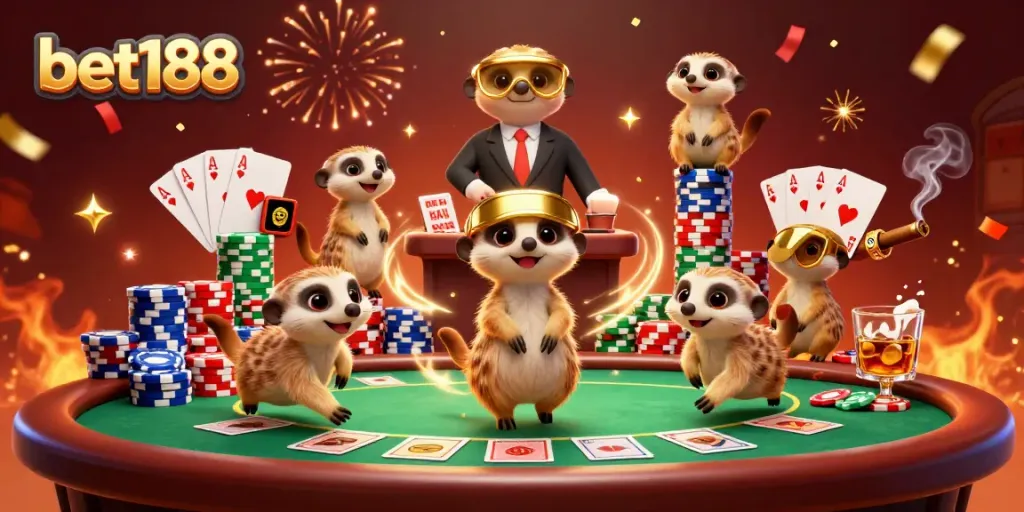 bet188 meerkats operate a vibrant casino with colorful poker elements and festive confetti.