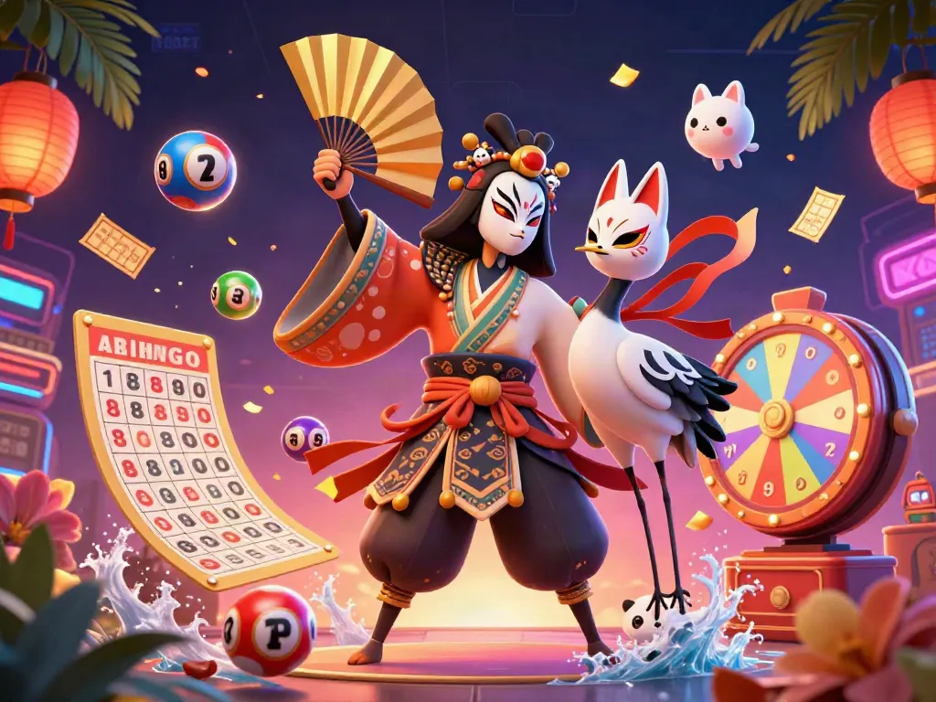 Engage with F8BET's vibrant casino world featuring a kabuki warrior and colorful lottery elements.