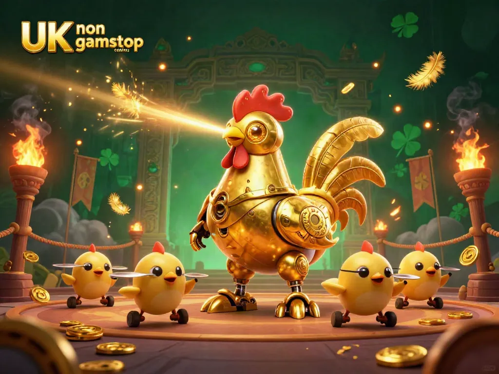 Engage in thrilling gameplay at UK non gamstop casino, featuring a futuristic rooster robot and dynamic game elements.