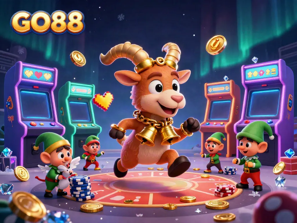 Experience GO88's festive casino scene with Krampus, an angel mouse, and mischievous gremlins.