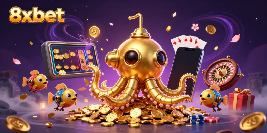 Engage with 8xbet's thrilling online gaming experience featuring a vibrant 3D kraken and casino elements.