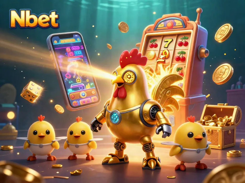 Nbet players engage in thrilling adventures with a dynamic 3D casino illustration showcasing golden rooster robots and jackpot excitement.