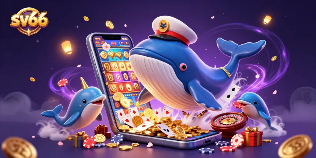 Join the excitement of sv66 as a cartoon whale and friends engage with vibrant casino elements.