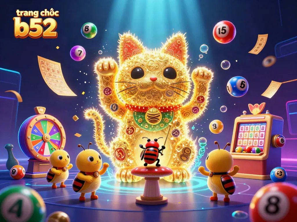 Explore the dynamic scene on trang chủ b52 where a giant lucky cat shape formed by golden fireflies interacts with colorful casino symbols and characters.