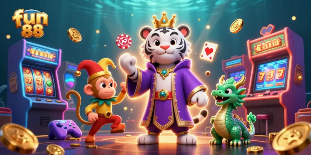 Engage with fun 88 in this vibrant casino scene featuring exciting games, characters, and action.