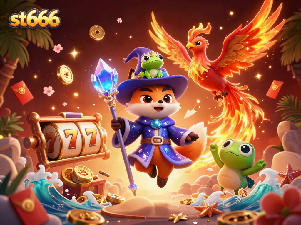 Experience thrilling wins at st666 with a captivating online casino scene showcasing slot reels and magical characters.