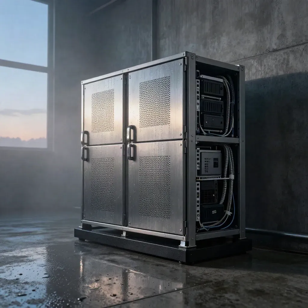 Wet brushed-steel server rack stack in a misty service bay at dawn