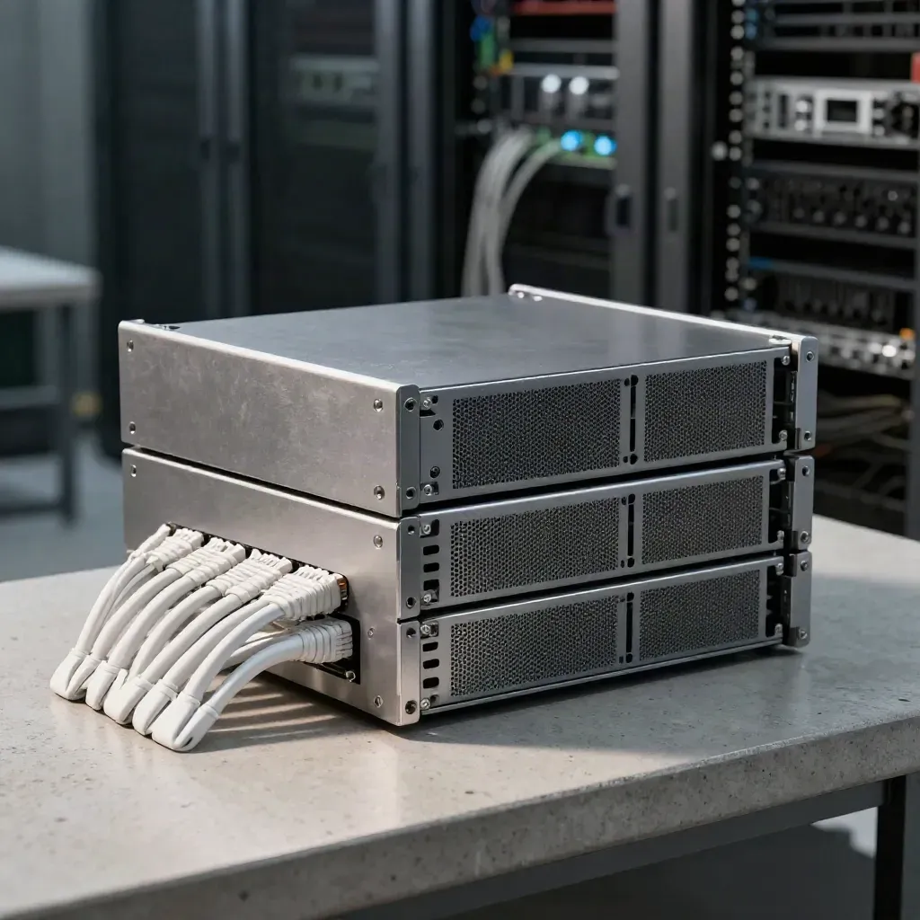 Server sleds and cable combs arranged in a dark data-centre still life.
